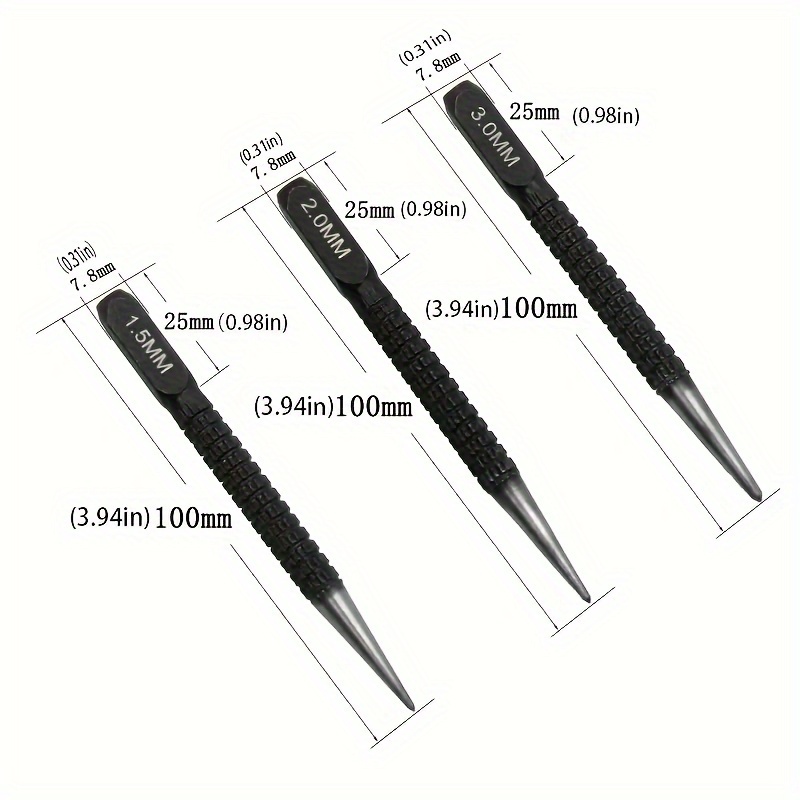 3pcs High-carbon Steel Center Punch Set, Non-Slip Center Pin Punch Used For Drilling Of Alloy Steel Metal Wood,1.5/ 2 /3mm