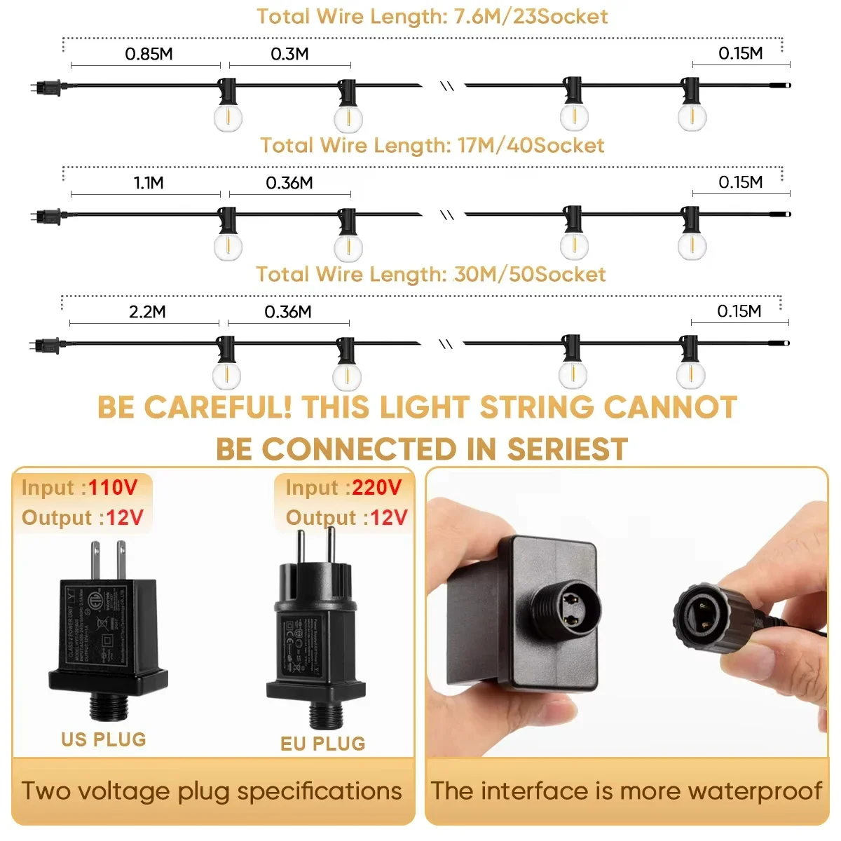 Retro Exterior LED String Lights G40 Shatterproof DC12V Wide Voltage Input Waterproof Garland for House Decoration