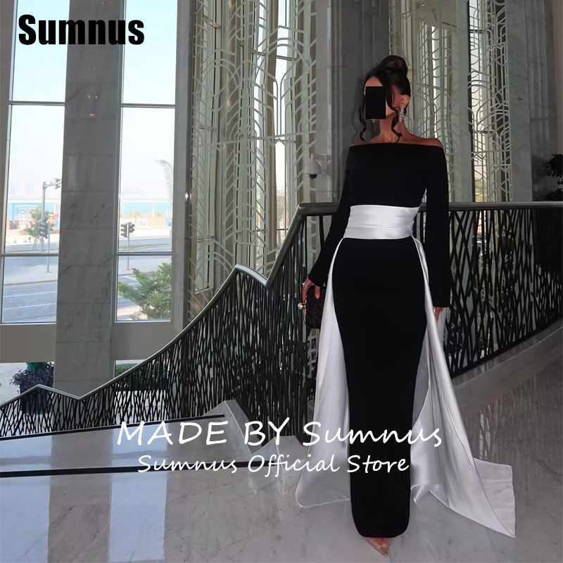 SUMNUS สีดําและสีขาวตรงชุดราตรี Elegant ปิดไหล่ชุดเดรสยาวอย่างเป็นทางการชุดรถไฟที่กําหนดเอง