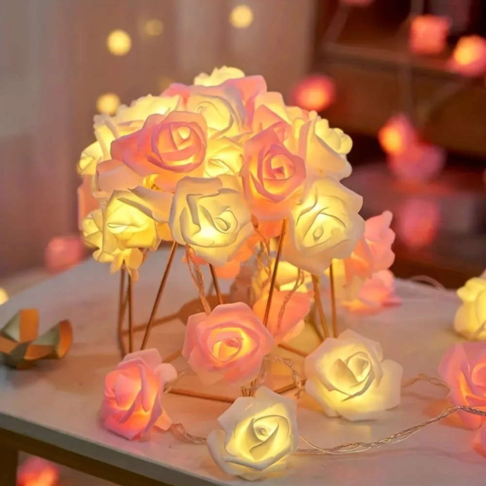 Luzes LED Rose String para decoração do quarto, Luz noturna do jardim sem bateria, Branco e rosa, 2m, 10 luzes, 1pc