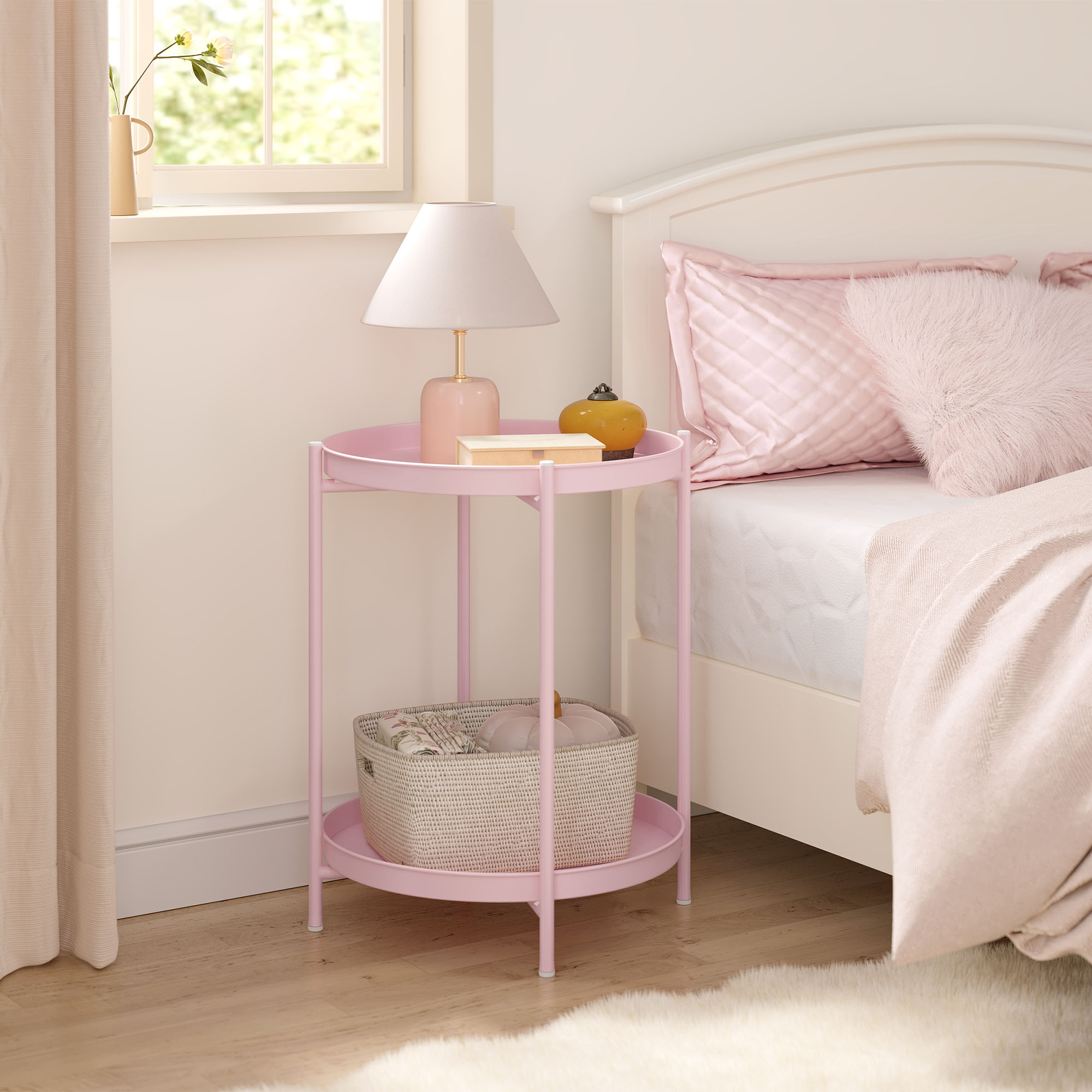 WOLTU Okrągły stolik kawowy Metalowy stolik boczny z miejscem do przechowywania 2 wyjmowane tace Stolik nocny do sypialni Wystrój salonu