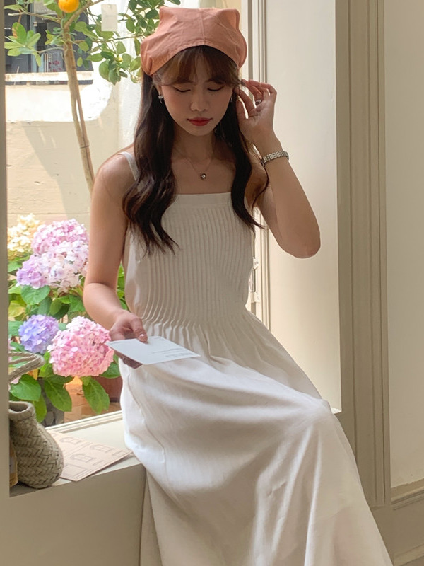 Vestido de Alças F Estilo Novo de Verão com Design de Saia Longa em Cor Pura e Aodão Puro Sem Mangas