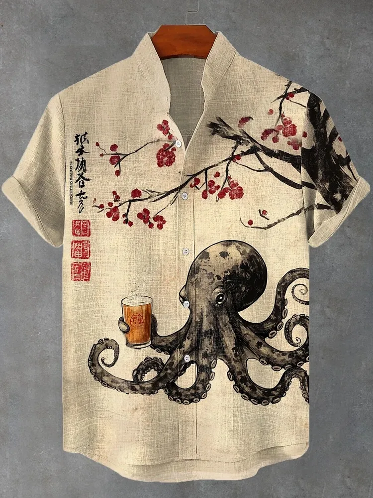 Herren Octopus Drinking Tea Under The Cherry Tree Kunstdruck Freizeithemd Japanischer Stil Urlaub Oberbekleidung Vintage Harajuku Bluse