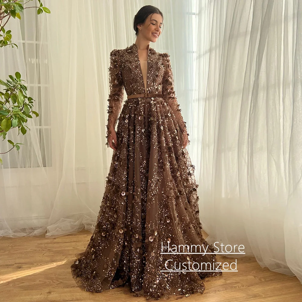 Vestido de noite marrom, vestido de festa personalizado, mangas compridas, decote em v profundo, linha até o chão, vestidos formais de baile