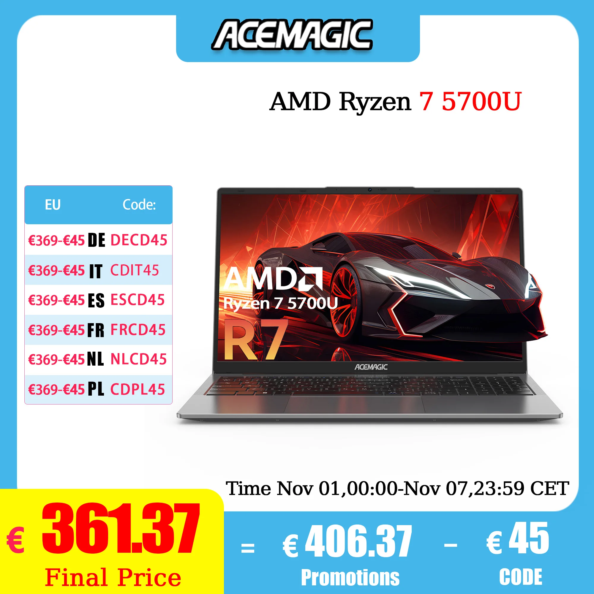 ACEMAGIC Laptop da gioco AMD Ryzen 7 5700U Radeon RX Vega 8 Grafica Display FHD da 15,6" 16 GB di RAM 512 GB NVMe SSD Computer portatile