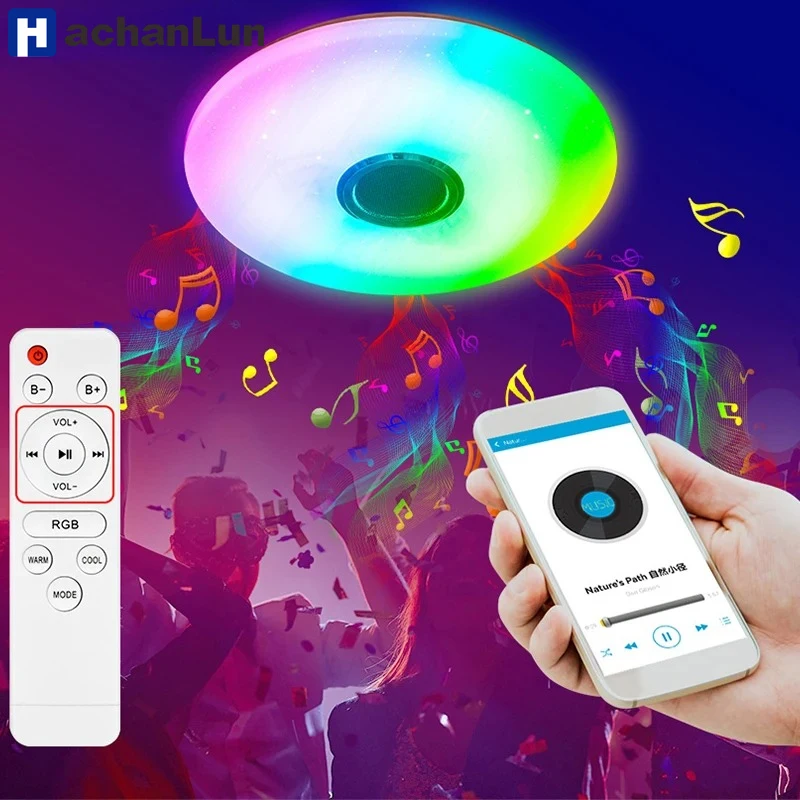 Lâmpadas de teto rgb, teto inteligente, iluminação moderna, ac 220v, música, controle remoto, alto-falante bluetooth, decoração interna