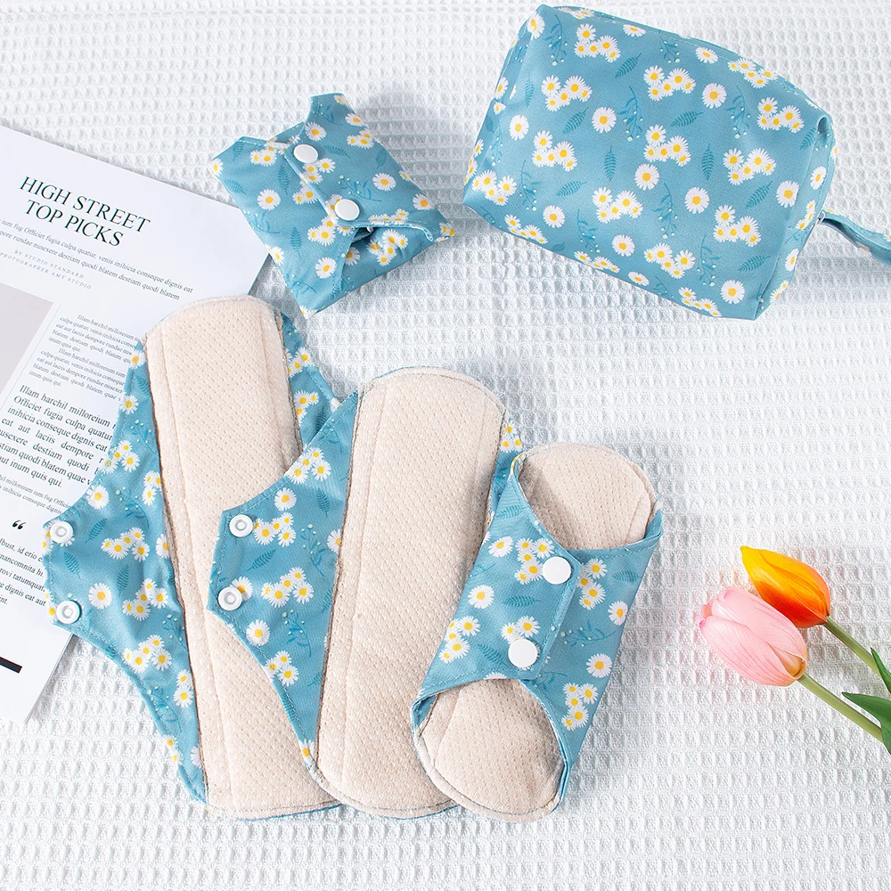 Guardanapos higiênicos reutilizáveis, forros de calcinha de algodão laváveis, pano macio, absorventes menstruais, 4 peças de almofadas com 1 mini saco molhado