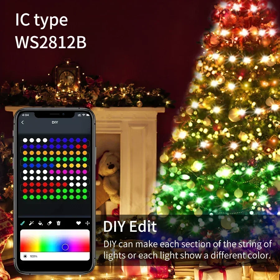Lampki LED RGBIC WS2812B, lampki choinkowe, Bluetooth, USB 5V, adresowalne indywidualnie, aplikacja muzyczna, kolor marzeń