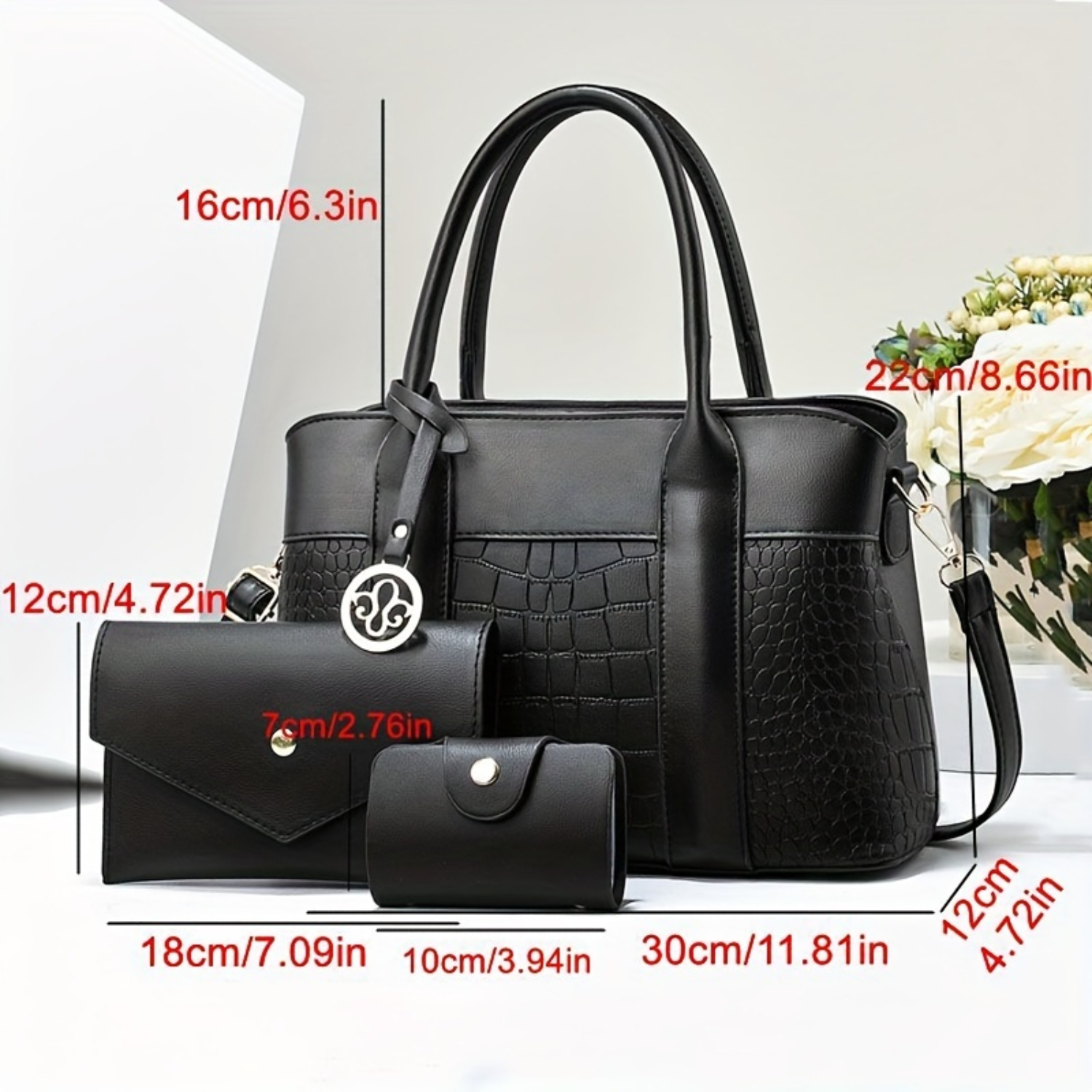 Conjunto de bolsa da moda: sacola com padrão de crocodilo, bolsa de ombro e embreagem, bolsa de couro PU texturizada