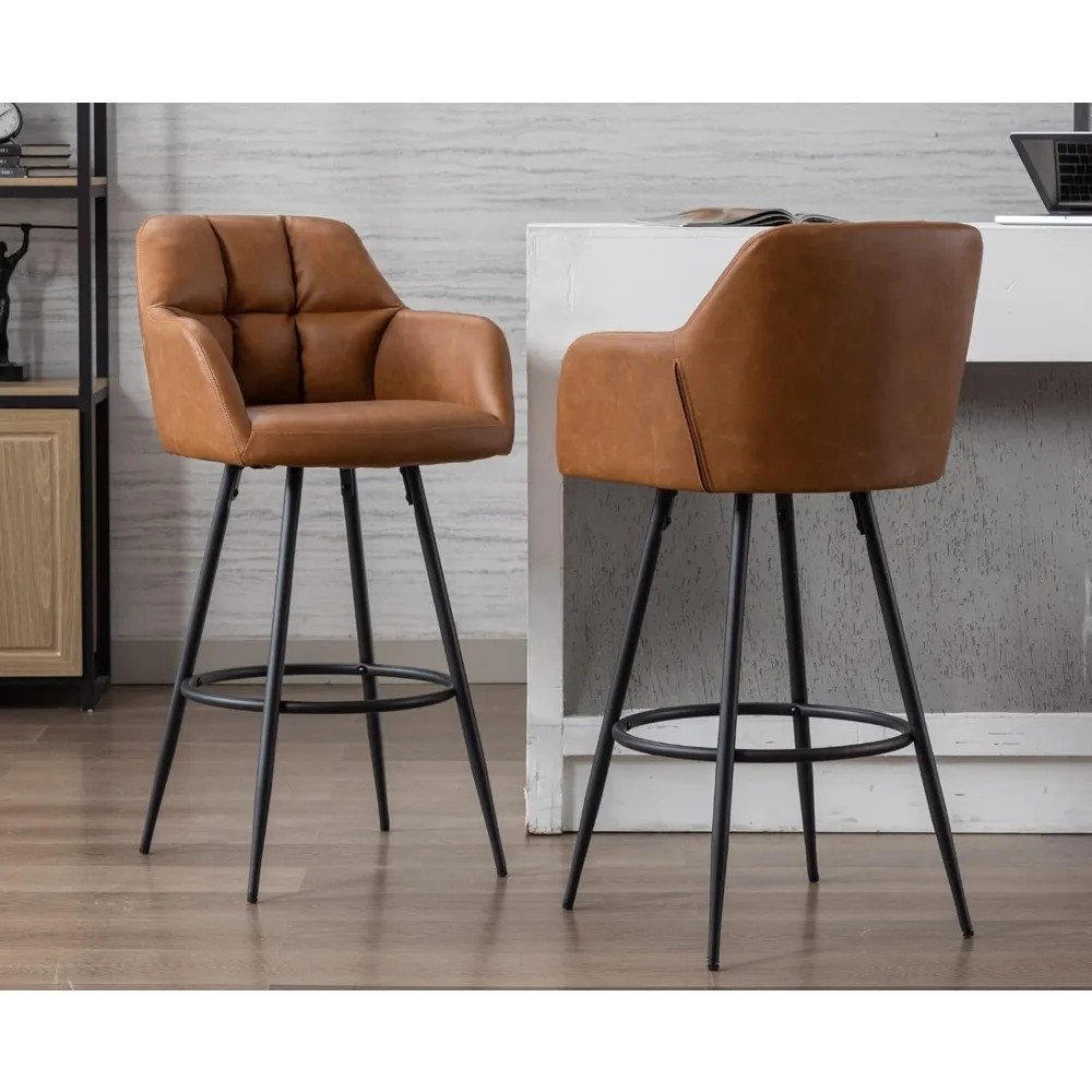 Modern Bar Stools Set of 2 Bar Height Barstools with Back and Arms High Bar Chairs with Metal Footrest Leather Upholstere