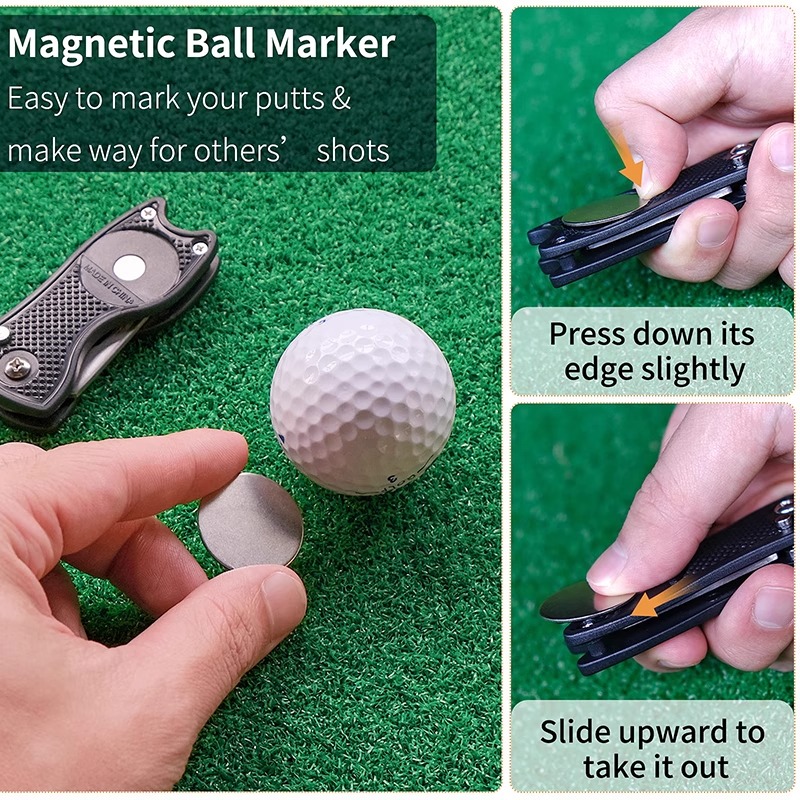 เครื่องมือซ่อมแซมกอล์ฟ Divot โลหะพับได้เครื่องมือ Divot กอล์ฟสีเขียวพร้อมเครื่องหมายลูกแม่เหล็ก
