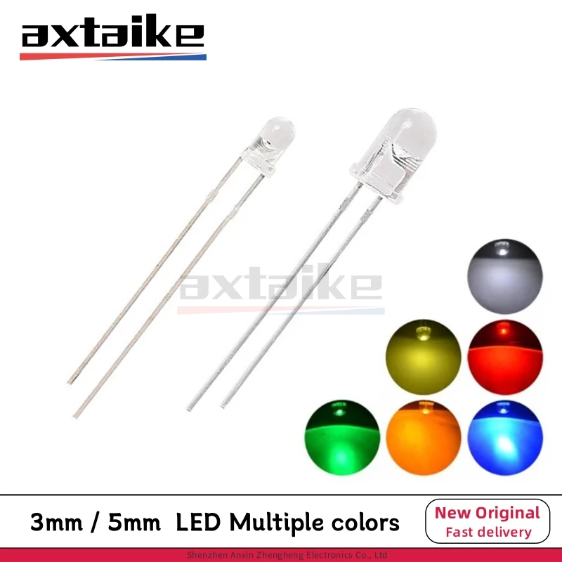 100 Uds 3mm 5mm Super brillante agua claro verde rojo blanco amarillo azul bombillas LED diodo emisor transparente redondo