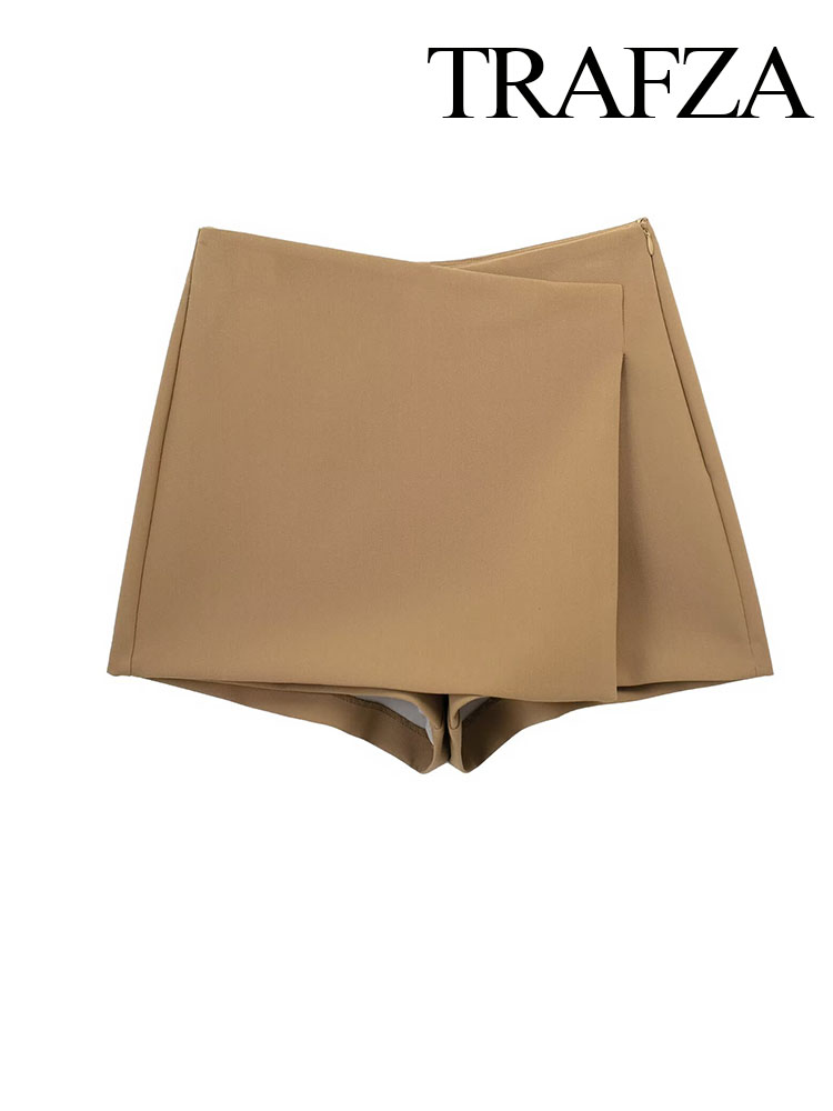 TRAFZA, nueva moda para mujer, pantalones cortos lisos de cintura alta con cremallera para mujer, ropa informal ajustada 2024