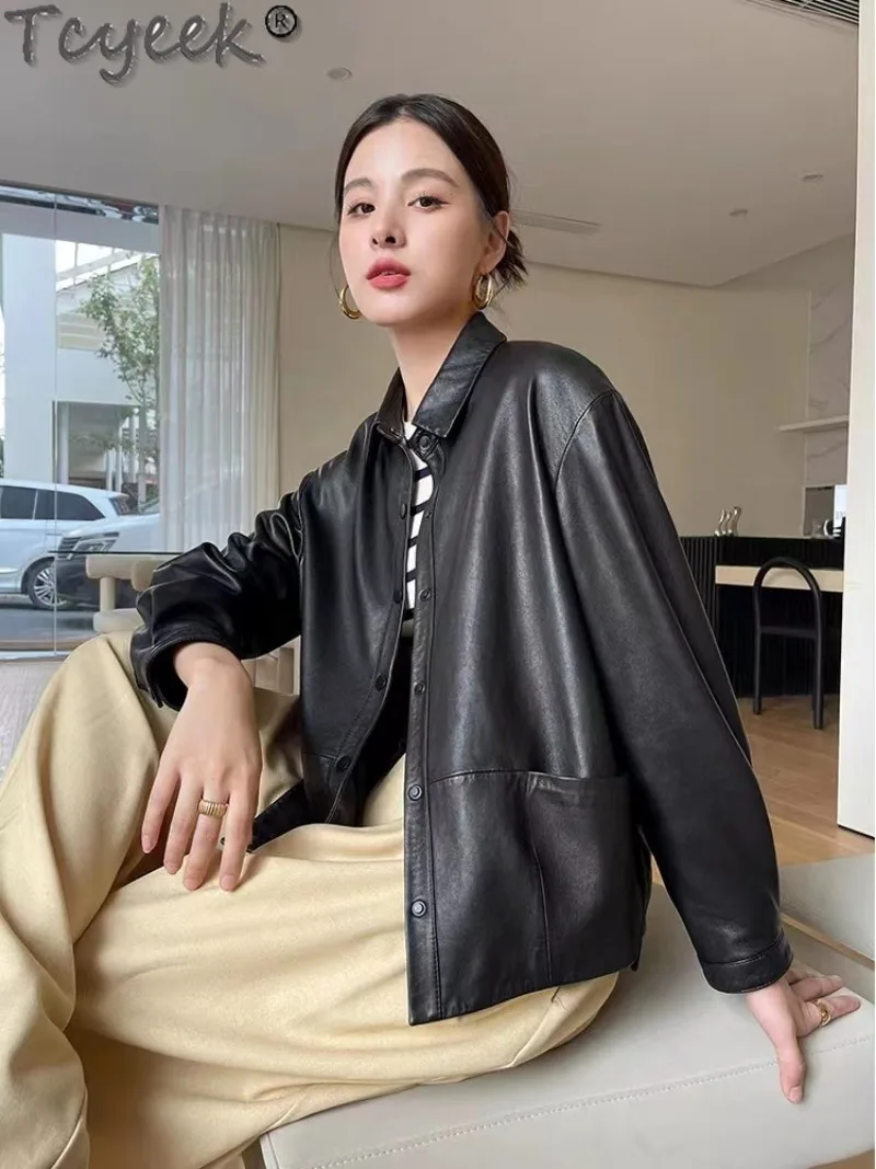 Tcyeek Echt lederjacke Frauen Herbst Echt Schaffell Mäntel Schwarz Ledermantel Damen bekleidung Loose Fit Jaqueta de Couro