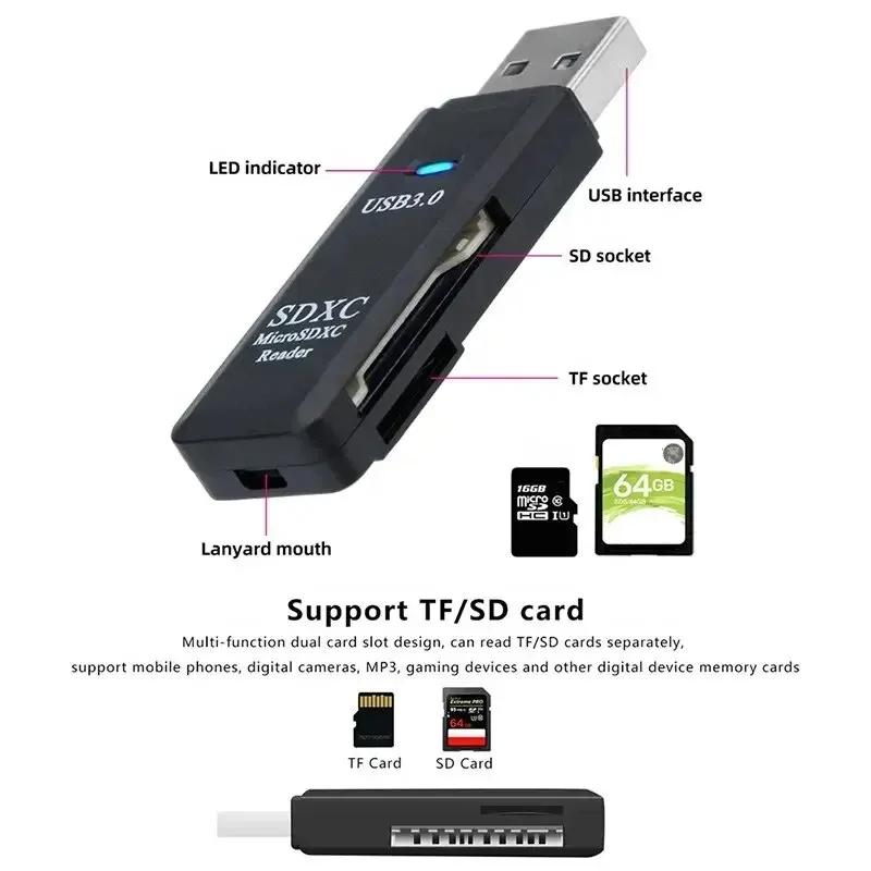 Lector de tarjetas USB 3,0/2,0 de alta velocidad 2 en 1 multifuncional compatible con computadora TF + SD, cámara para tableta, computadora portátil, montado en el coche