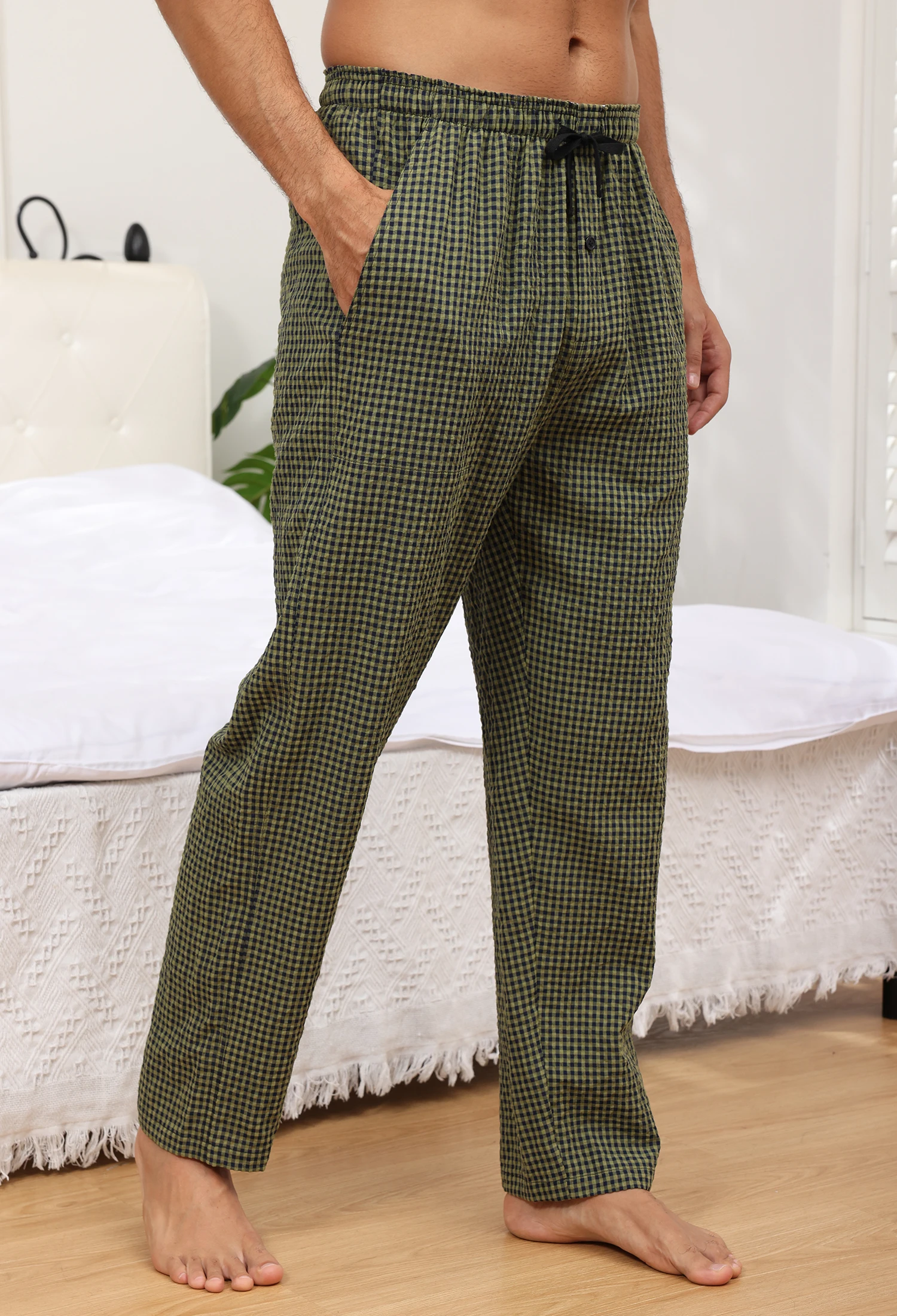 3 pçs masculino 100% algodão xadrez pijama calças de dormir, longo xadrez impressão pijamas calças com cintura elástica homewear