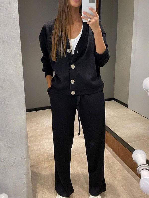 Herbst Winter frauen Kleidung Mode Einreiher Casual Sport Anzug Strickjacke Top Spitze Up Hosen Zwei-stück Set Frauen