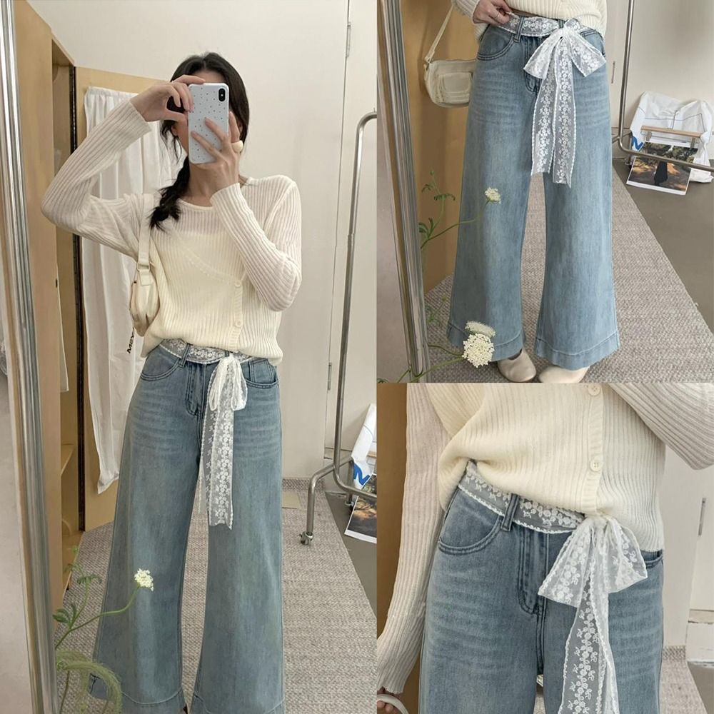 Ceinture longue en dentelle coréenne Y2k, avec nœud Floral, fine à nouer, pour robe en jean, pour filles épicées