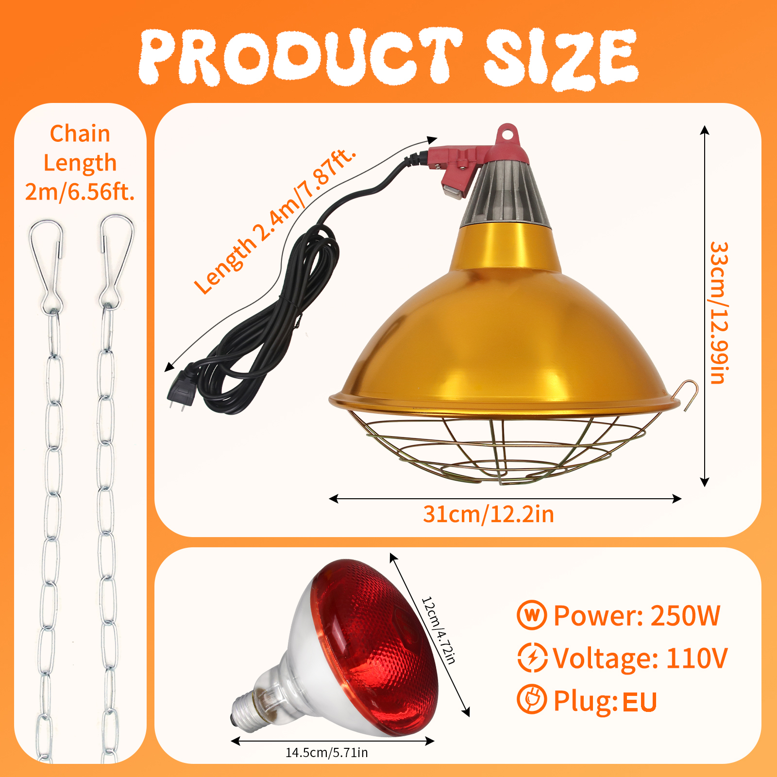 Lâmpada de calor para galinheiro, altura de suspensão ajustável, à prova d'água, para ambientes internos e externos, usada para anfíbios, pintor, pato, plugue UE