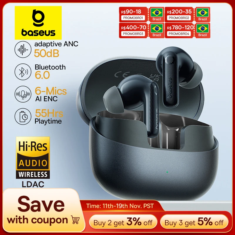 Baseus EP10 Pro ANC Fones de ouvido sem fio Bluetooth 6.0 Fones de ouvido 50dB Fones de ouvido adaptativos em tempo real 6 microfone Hi-Res LDAC IP55 Fones de ouvido fone baseus ep 10 pro