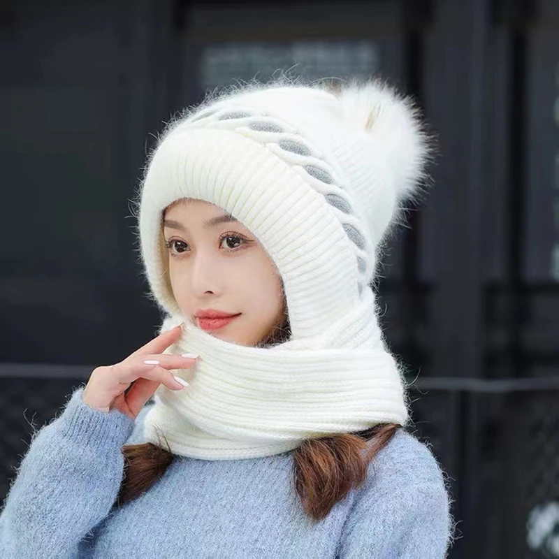 Frauen Winter mütze Schal Set gestrickt dicke warme Mode Mütze und Schal integrierte Sets neu