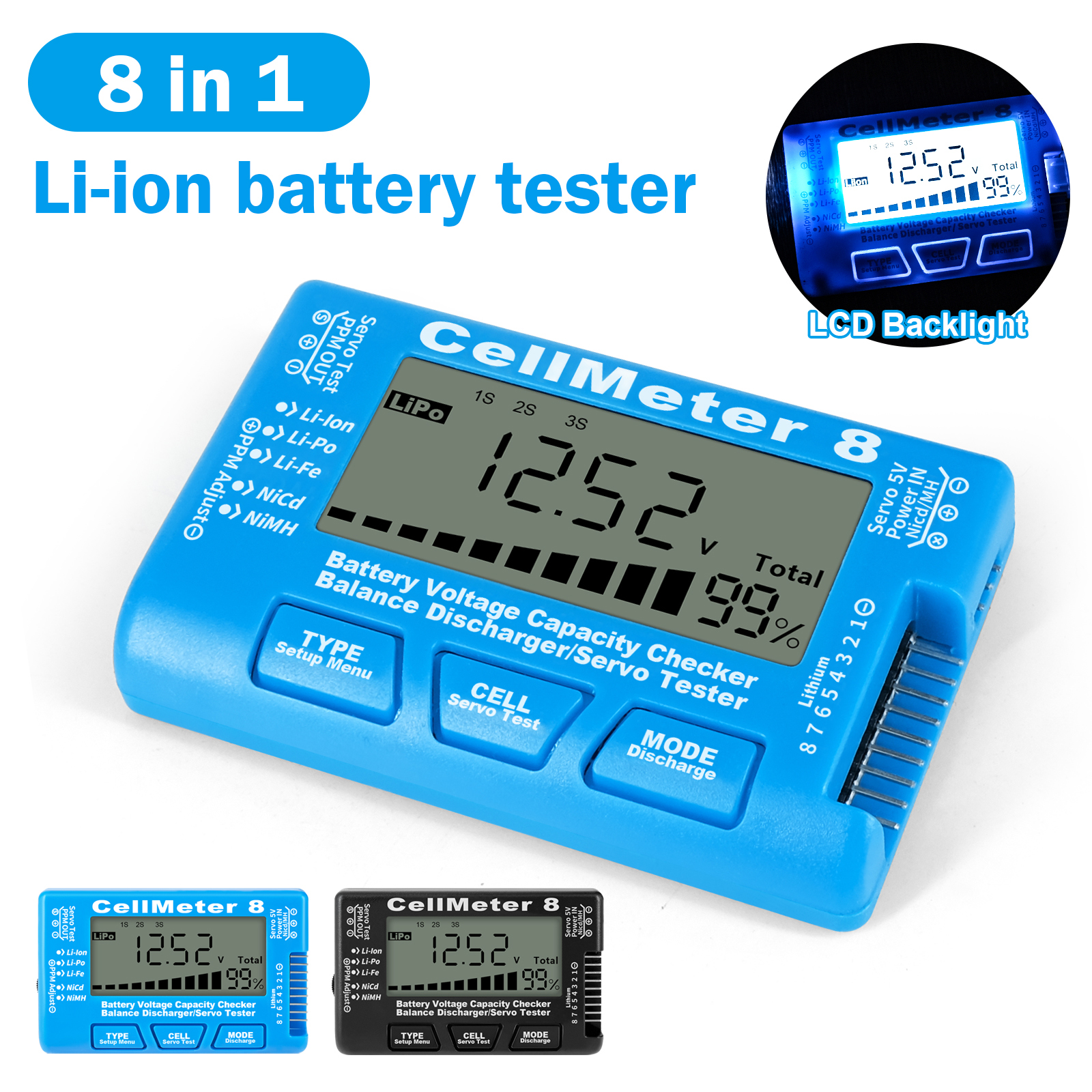 LCD แบตเตอรี่ดิจิตอลเครื่องตรวจสอบความจุ CellMeter RC CellMeter8 2-8S 4-8S Servo LiPo Li-lon NiMH เครื่องทดสอบแบตเตอรี่ RC CellMeter7