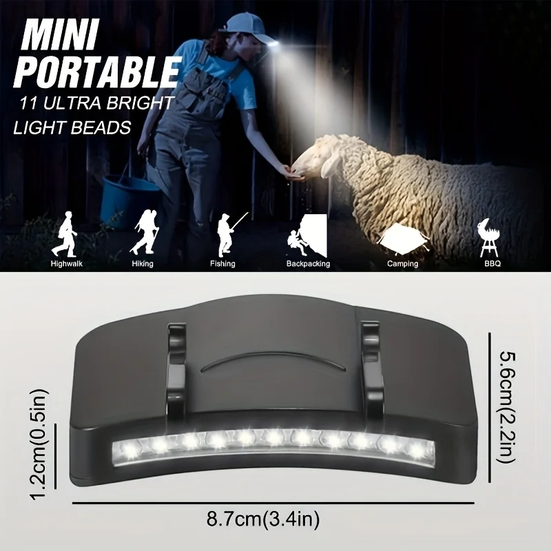 Torcia portatile super luminosa a 11 LED con clip per cappello, per pesca notturna, campeggio, escursionismo all'aperto, alimentata a batteria 3 AAA