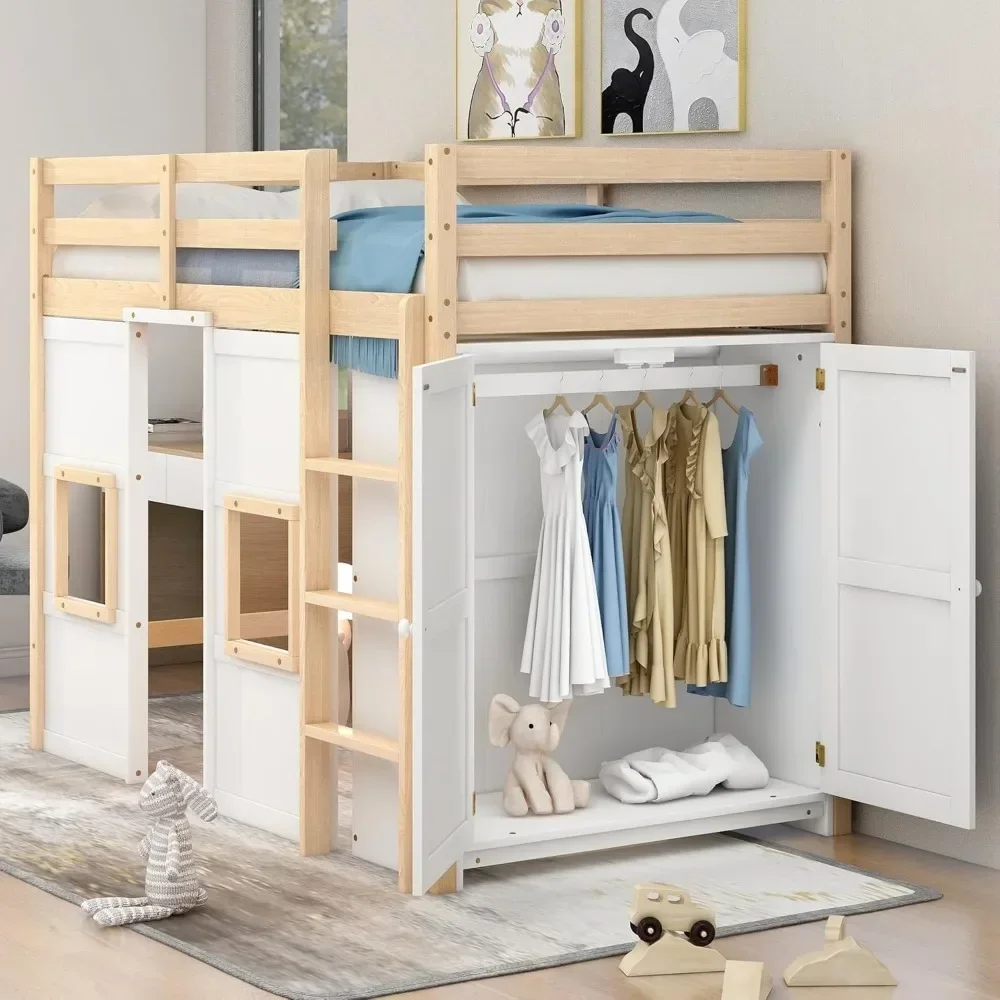 Wood Twin Size Loft Bed Frame with Built-in Storage Wardrobe and 2 Windows, Playful Design Beds with Safety Guardrails and Stair