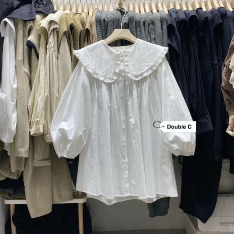 เสื้อผู้หญิงฤดูใบไม้ผลิใหม่ลายสก๊อต Peter Pan COLLAR Ruffles หลวมทั้งหมดตรงกับวิทยาลัยญี่ปุ่น Mujer Kawaii Swwet Tender Chemise femme