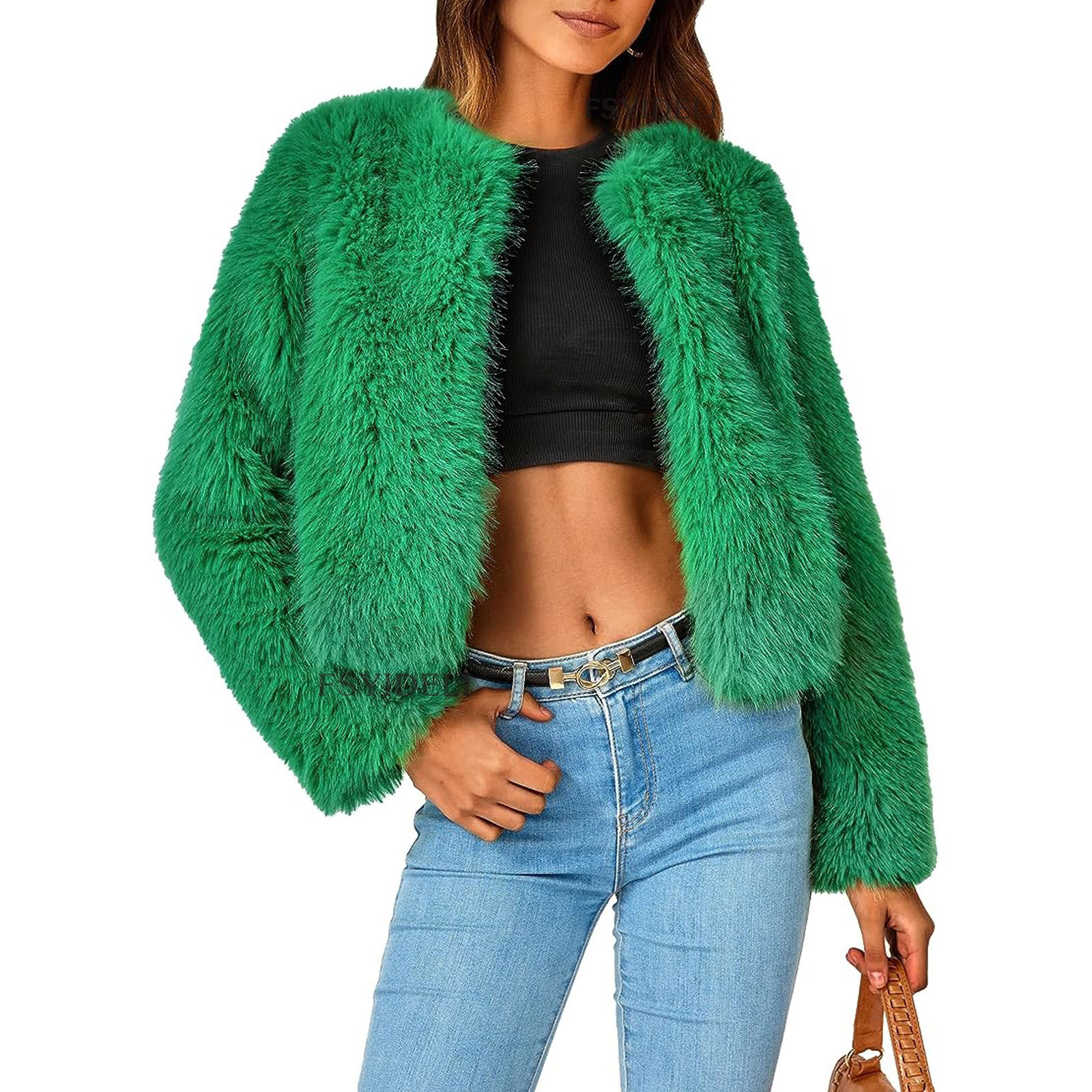 Chaqueta de piel sintética con cremallera para mujer, abrigo de manga larga para otoño e invierno, abrigos informales holgados verdes para mamá, chaquetas Y2k, ropa de calle 2023