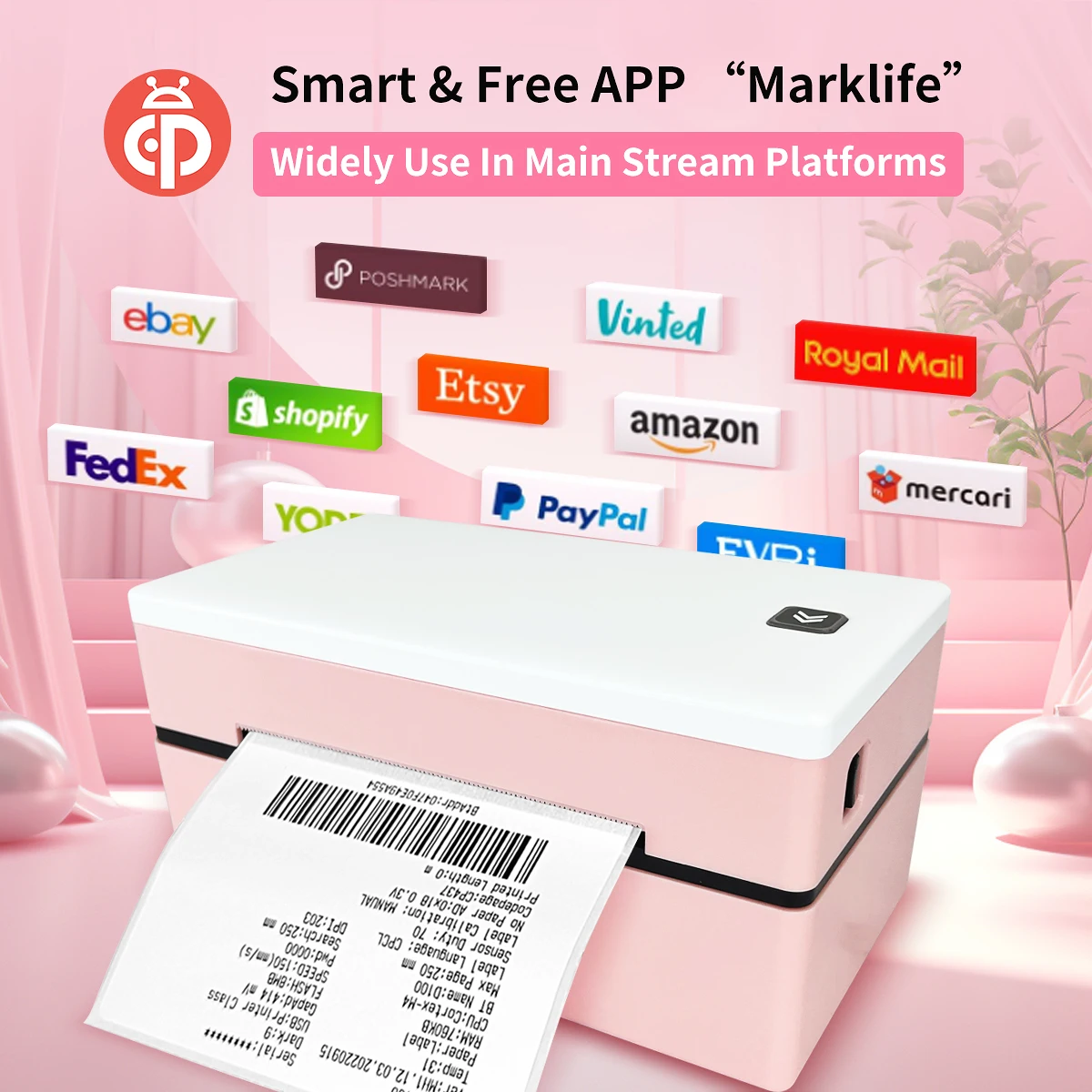Marklife D200 Bluetooth Impressora de etiquetas térmicas Pequena impressora de etiquetas de envio 4X6 polegadas Compatível com iPhone Android Mac Window