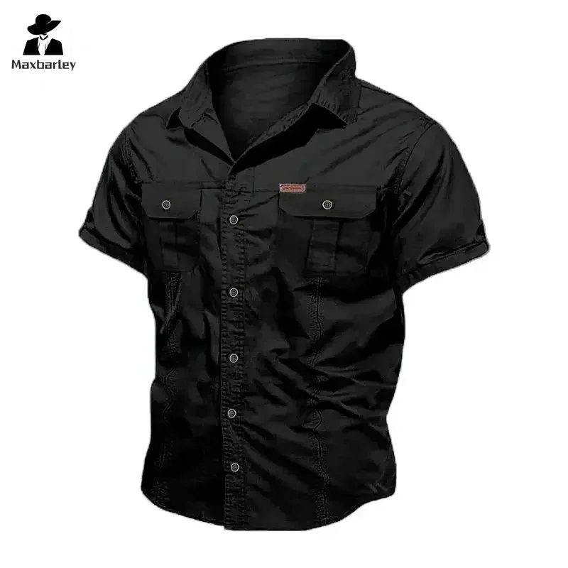 Neues Herren-Arbeitshirt, lässig, Retro, 100 % Baumwolle, kurzärmelig, fliegendes Cargo-Hemd, Herren, Sommer, Angeln, Jagd, Hemd mit mehreren Taschen