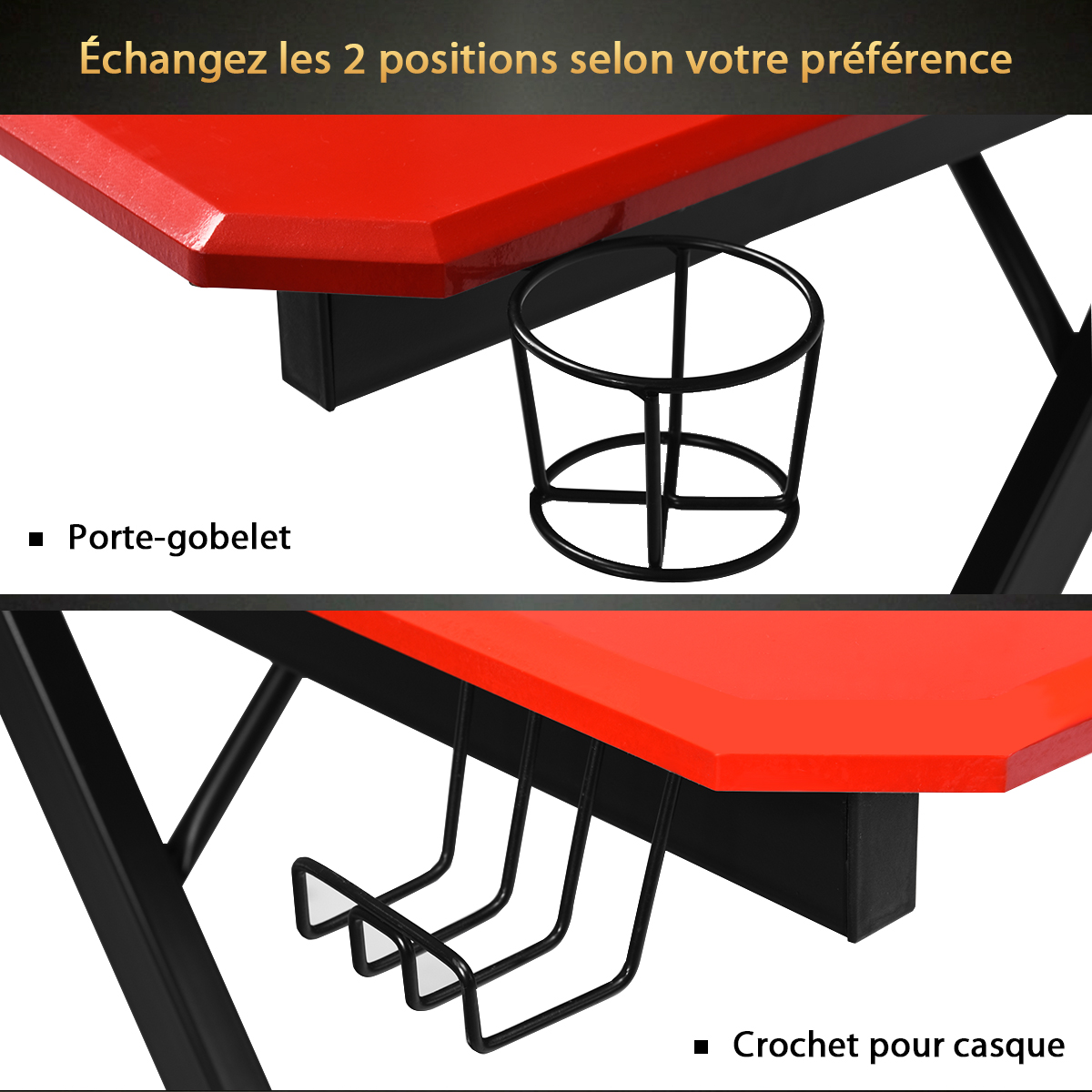 Bureau Gaming Surface en Fibre de Carbone 120 X 60 X 76CM avec Porte-gobelet, Crochet pour Ecouteurs et Supports Audio Noir et Rouge