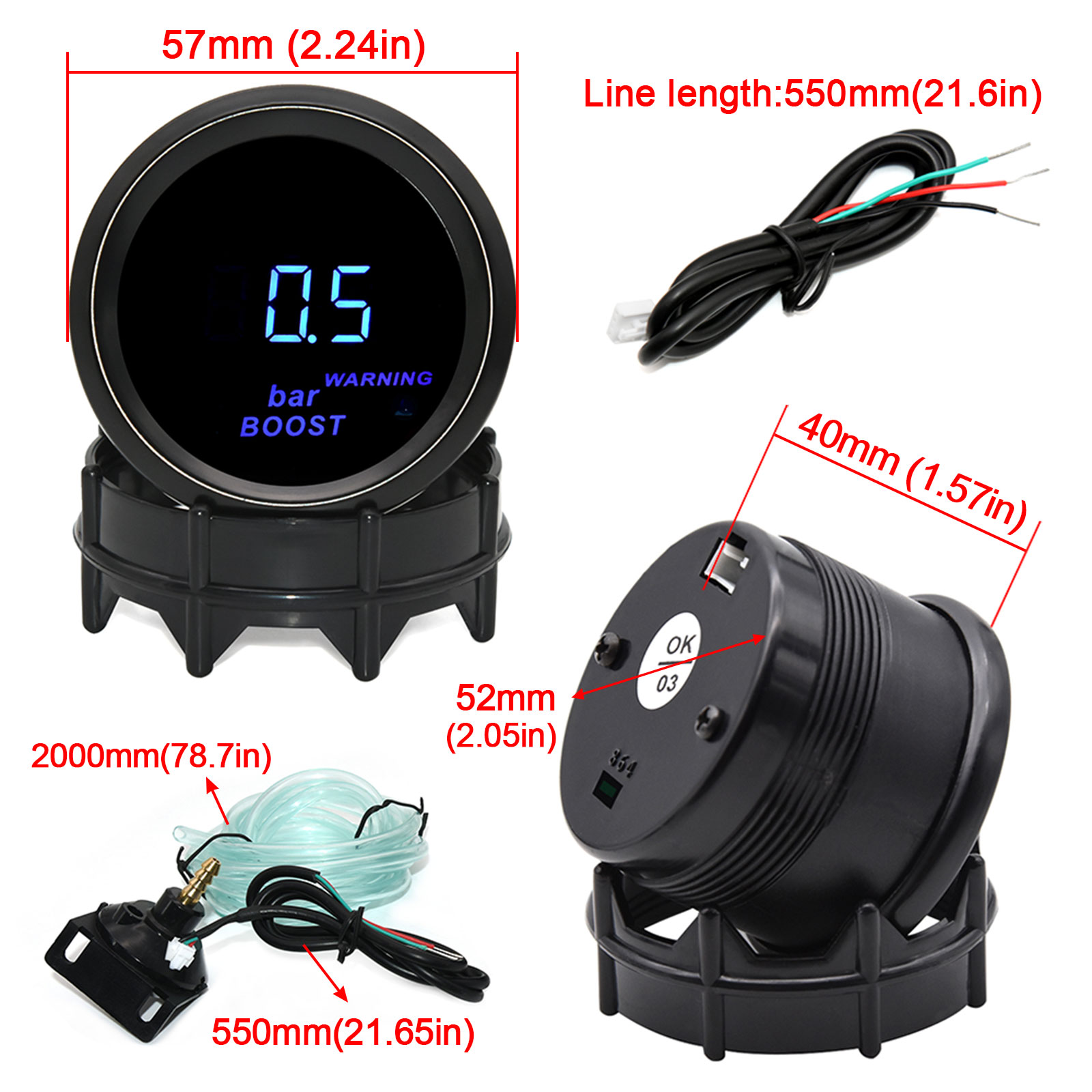 Medidor digital para carro, 52mm, turbo boost, psi, bar, pressão de óleo, água, voltímetro, tacômetro, rpm, medidor com luz de advertência