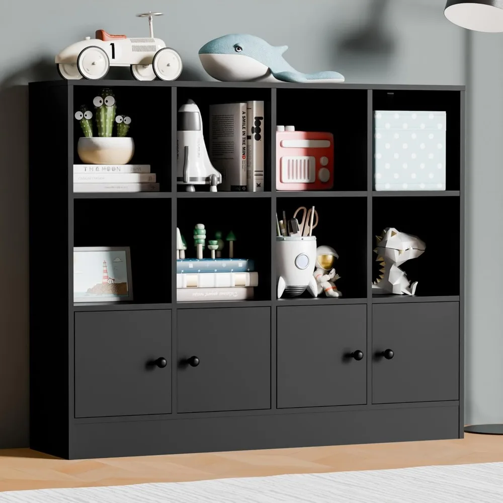 Black Wood Bookcase,12 Cube Storage Organizer Bookshelf with 4 Doors,3 Tier Storage Cabinet with Adjustable Shelves for Bedroom