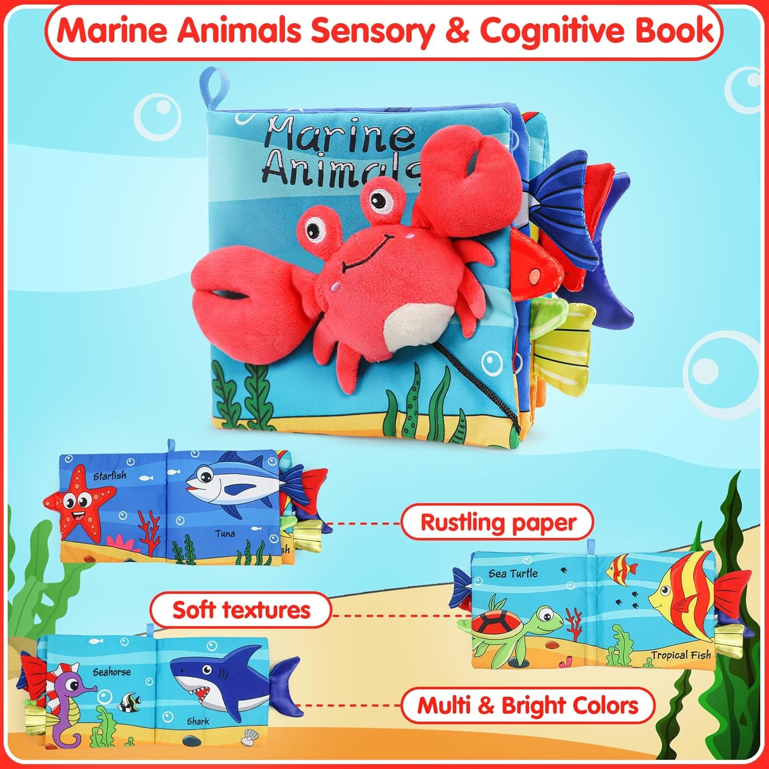 Livres doux pour bébé, jouets en tissu froissé, queues d'animaux marins pour bébé, développement précoce, poussette interactive, jouets doux