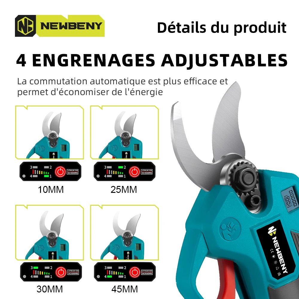 NEWBENY – sécateur électrique sans fil, 30mm, 4 vitesses, Branches d'arbres fruitiers, outil électrique pour batterie Makita 18V