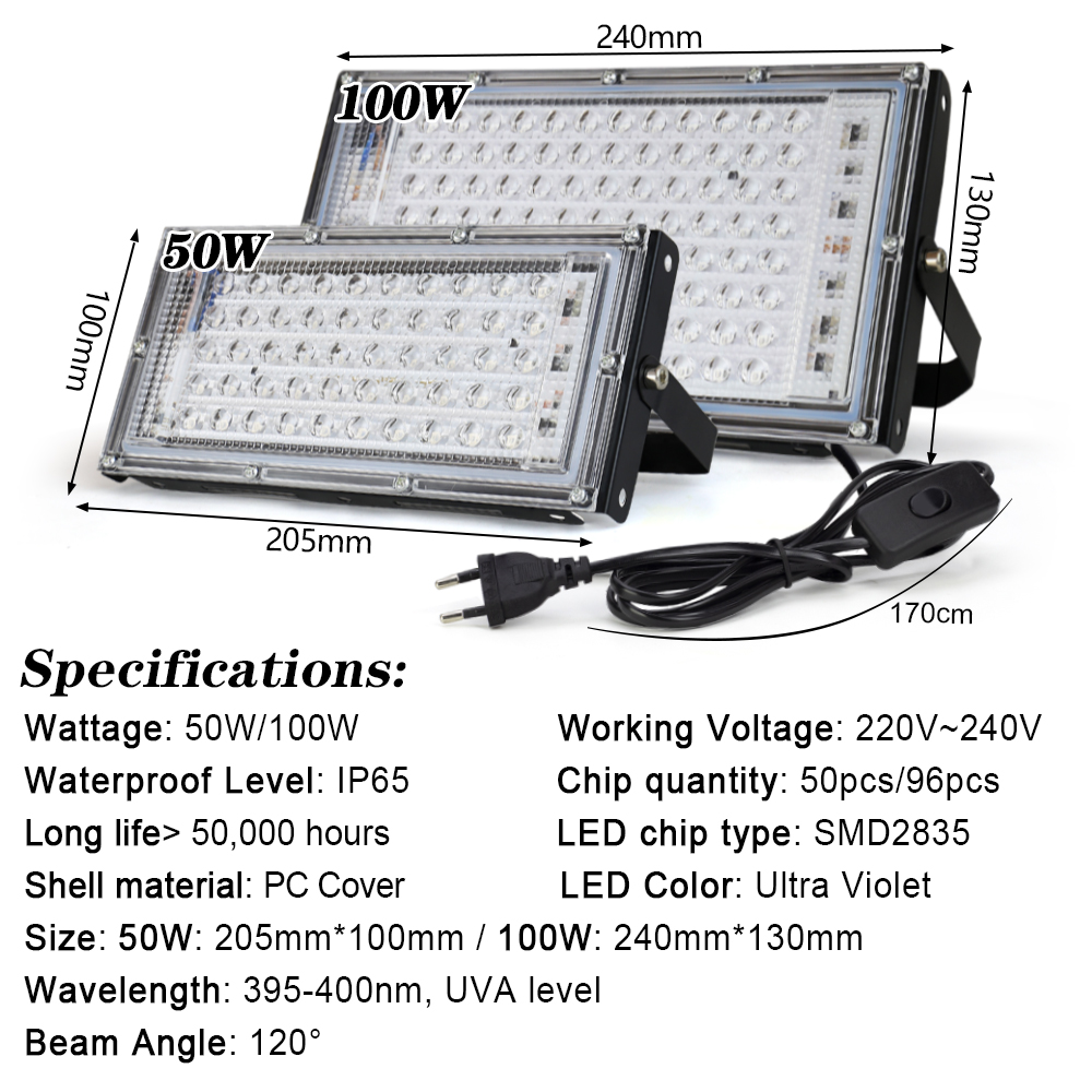 LED UV Floodlight 395nm 400nm 50W 100W 150W LED Stage Blacklight 220V Waterproof Ultraviolet Fluorescent Party Stage Backlight