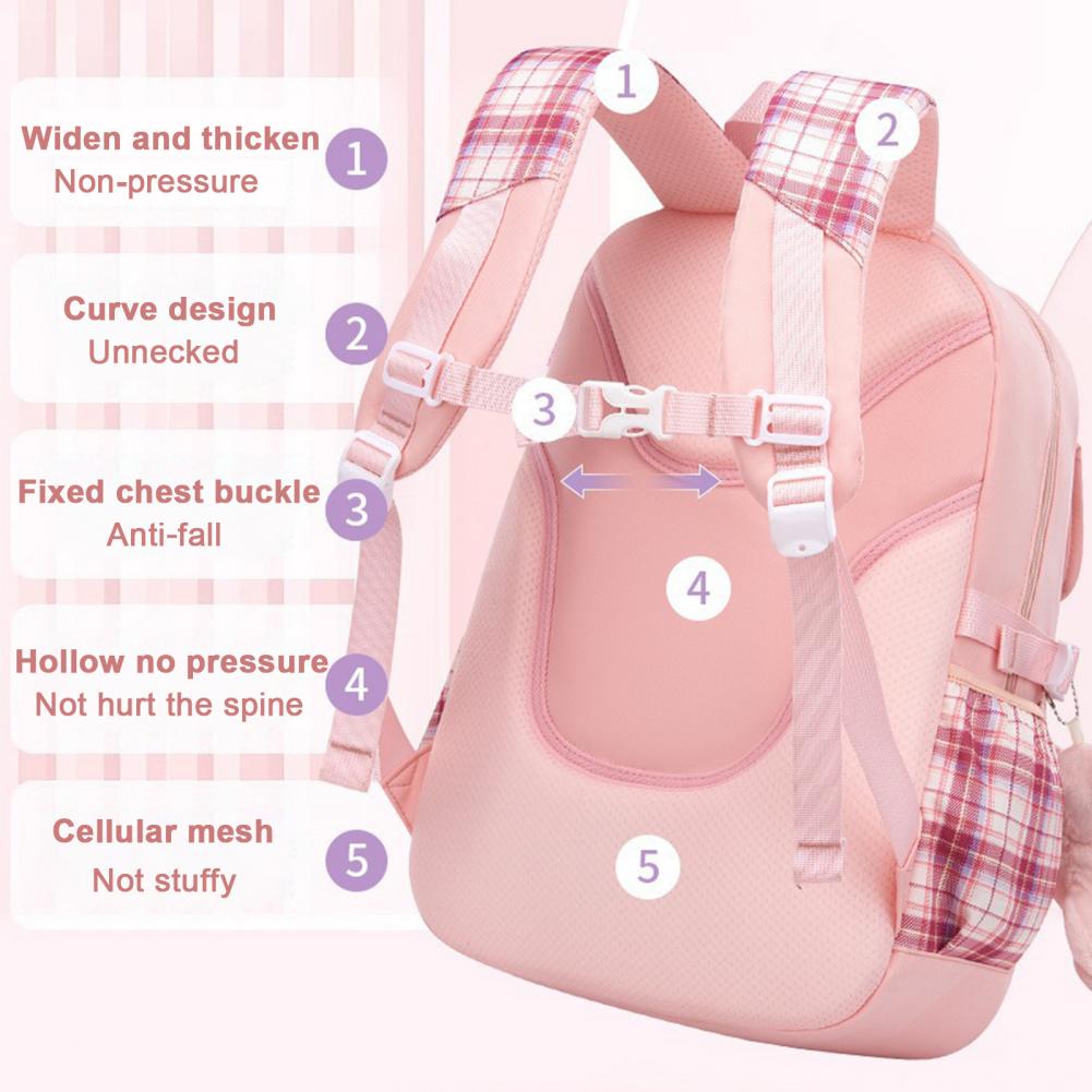 Girls Backpack with Laptop Sleeve Plaid Print Elementary School Bag with Bow Decor Adjustable Shoulder Strap for Students