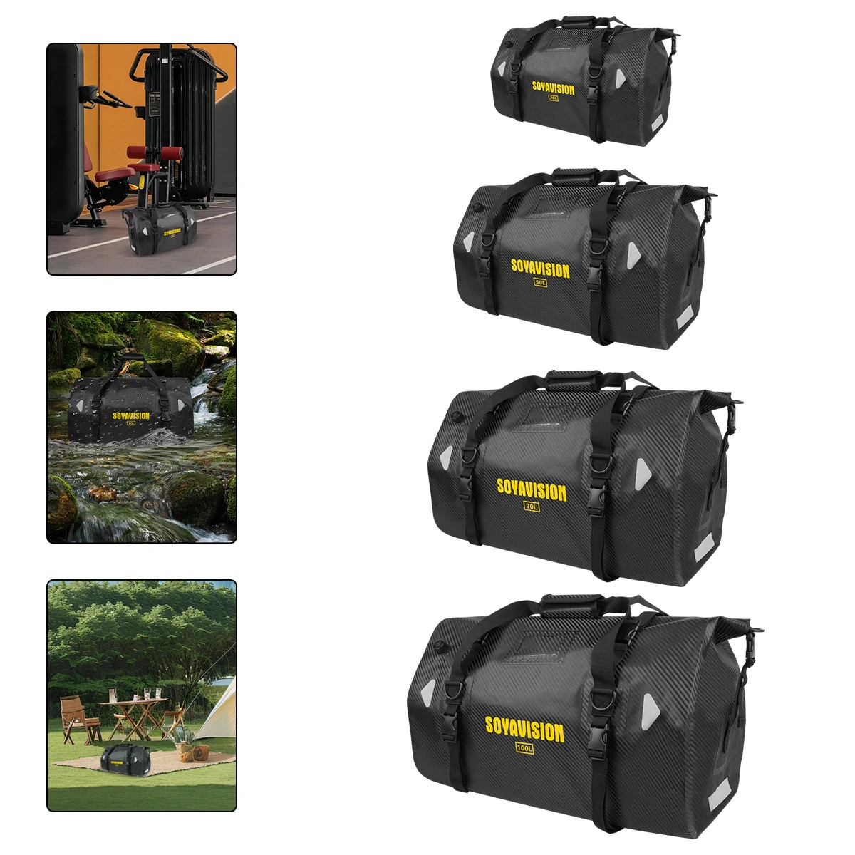 รถจักรยานยนต์กันน้ํา TailBag กลางแจ้งกระเป๋าเดินทางม้วนแพ็คกระเป๋า 20/66/100L รถจักรยานยนต์กระเป๋าเดินทางกระเป๋าเป้สะพายหลังรถจักรยานยนต์ที่นั่งกระเป๋า