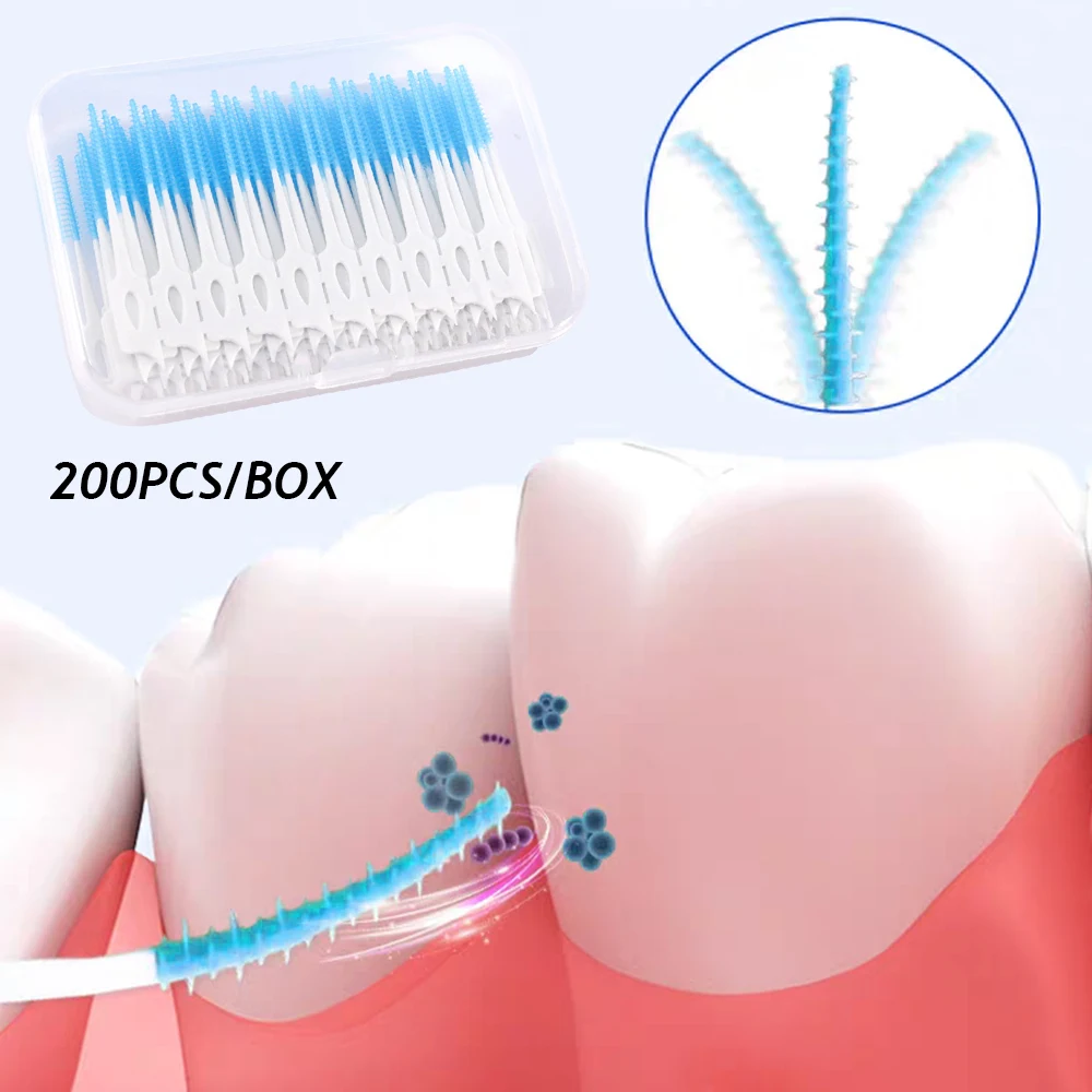 200 Uds. Cepillos interdentales de silicona entre los dientes palillos de dientes de silicona con hilo cepillo de palillos desechable herramienta de limpieza bucal