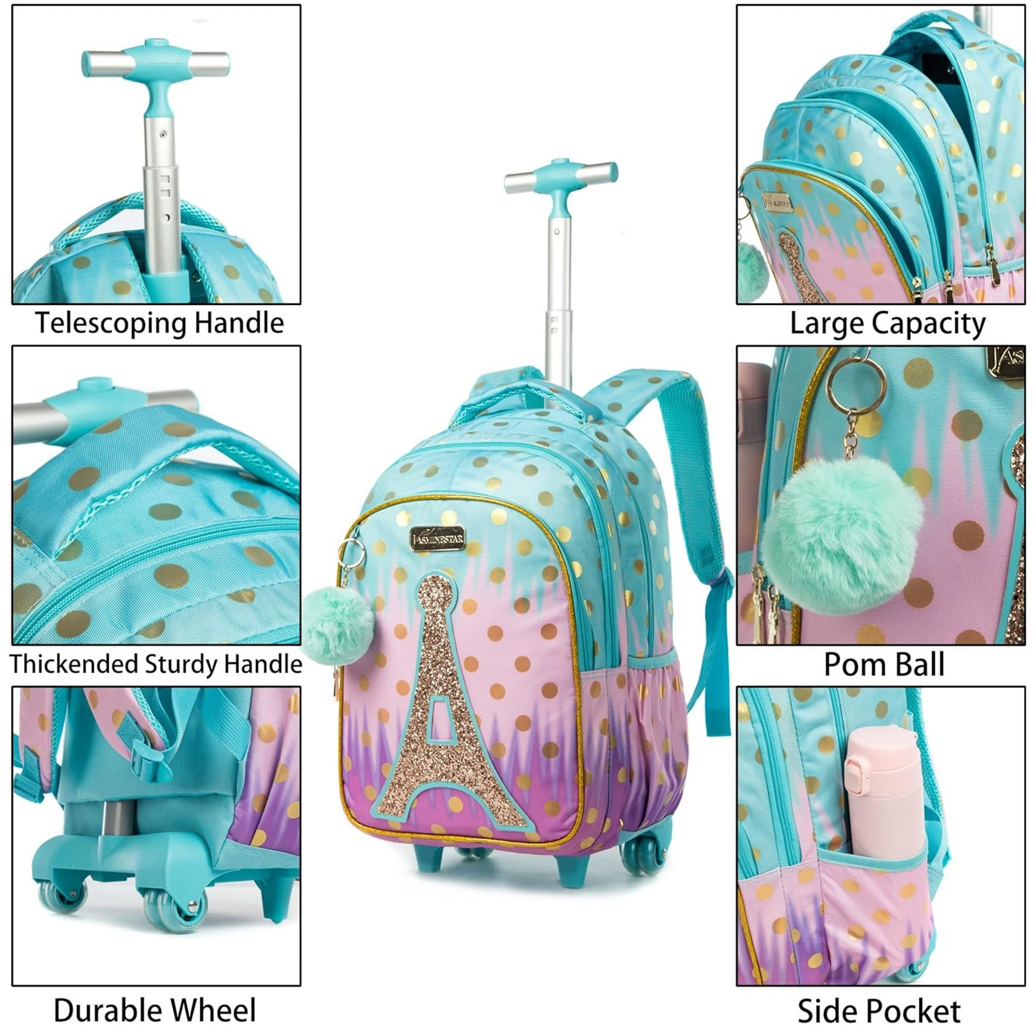 Mochila escolar infantil com rodas, bolsa escolar com rodas para adolescentes, mochila de lona para meninas, bagagem de viagem, carrinho