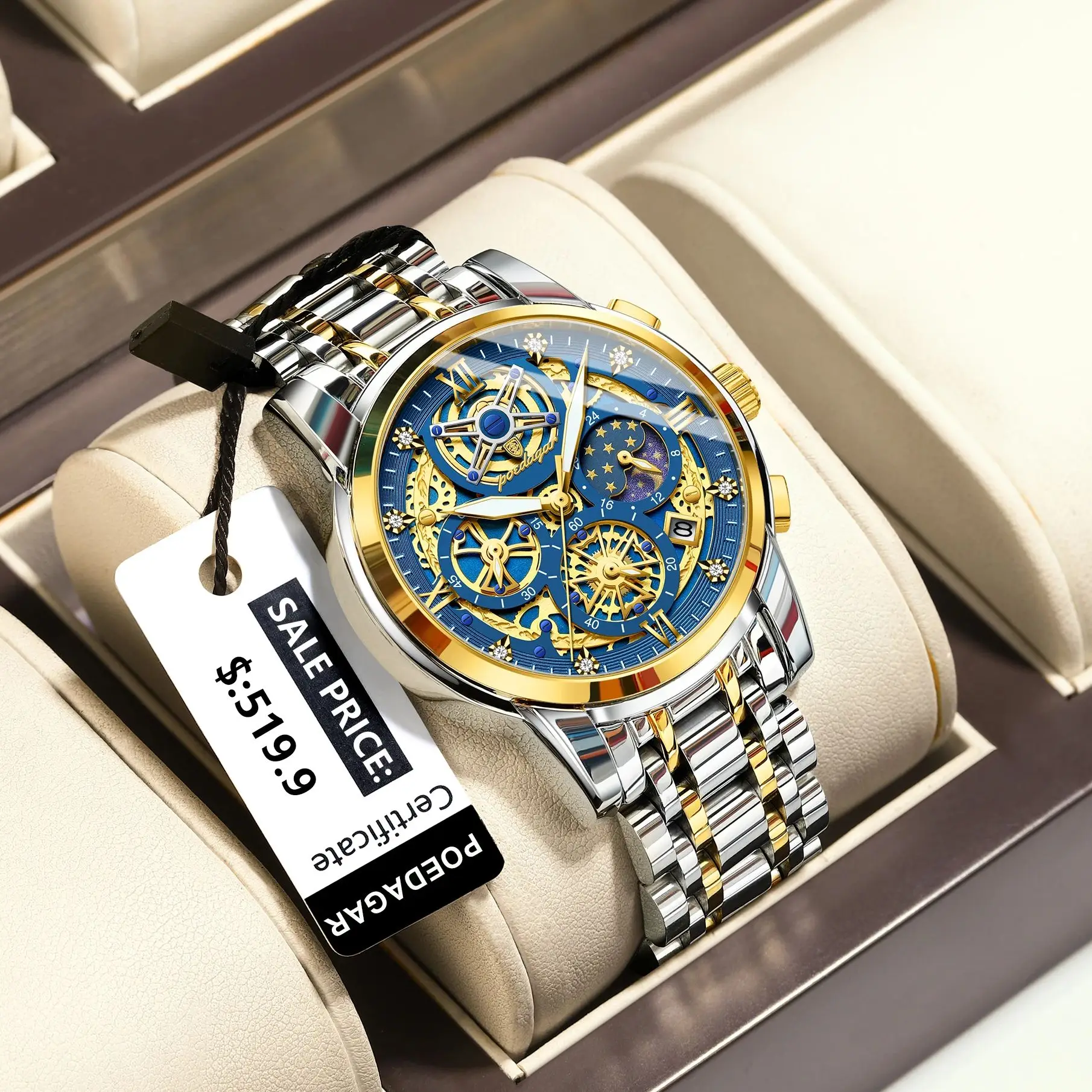 Reloj POEDAGAR de lujo de alta calidad para hombre, cronógrafo luminoso resistente al agua con fecha, Reloj de cuarzo de acero inoxidable para hombre, Reloj