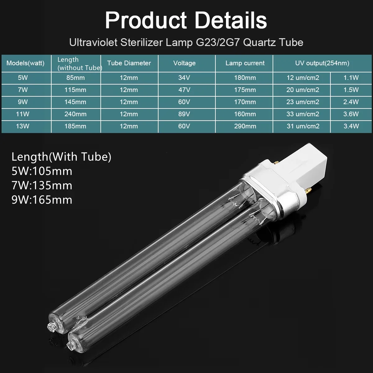 Thạch Anh Khử Khuẩn Bằng Tia UV Đèn 5W 7W 9W 11W 13W G23/2G7 Ống Bóng Đèn UVC chữ H Khử Trùng Không Khí Diệt Khuẩn Tia Cực Tím Deodor