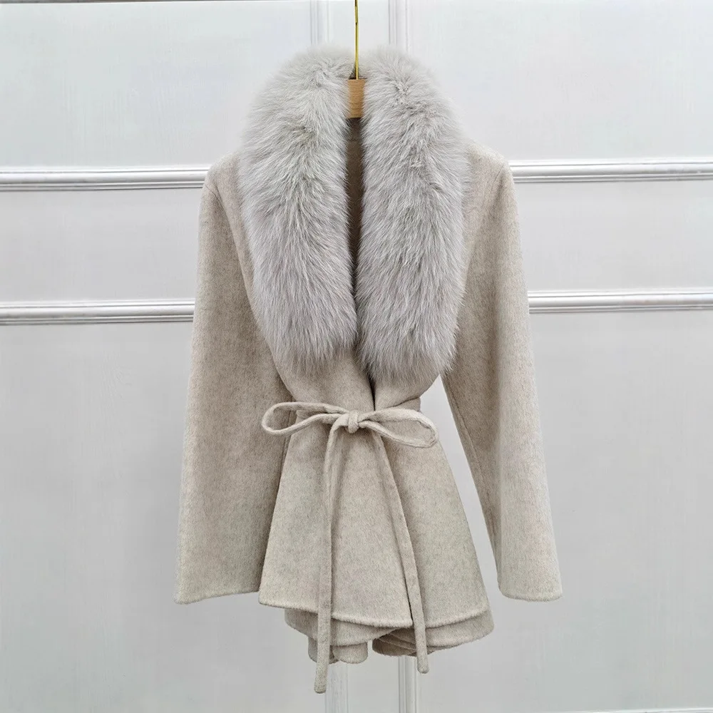 High-End-Winter-Wollmäntel für Damen, doppelseitiger Kaschmirmantel mit echtem Pelzkragen und Gürtel, luxuriöse Damenjacke, warme Kleidung für den Herbst