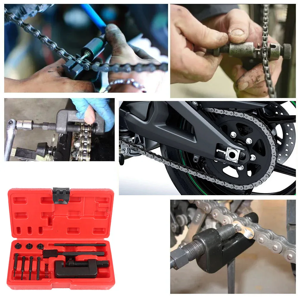 Juego de rebitador de eslabones divisores, Kit de herramientas de reparación de remachado, resistente para motocicleta y bicicleta con caja roja, interruptor de cadena de transmisión de leva, 13 Uds.