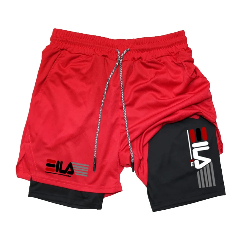ผู้ชายกางเกงขาสั้นรัดรูปฤดูร้อน GYM Fitness2 In 1 Double Layer Breathable วิ่งกีฬากางเกงขาสั้น Casual Quick-Drying กางเกงขาสั้นชายหาด