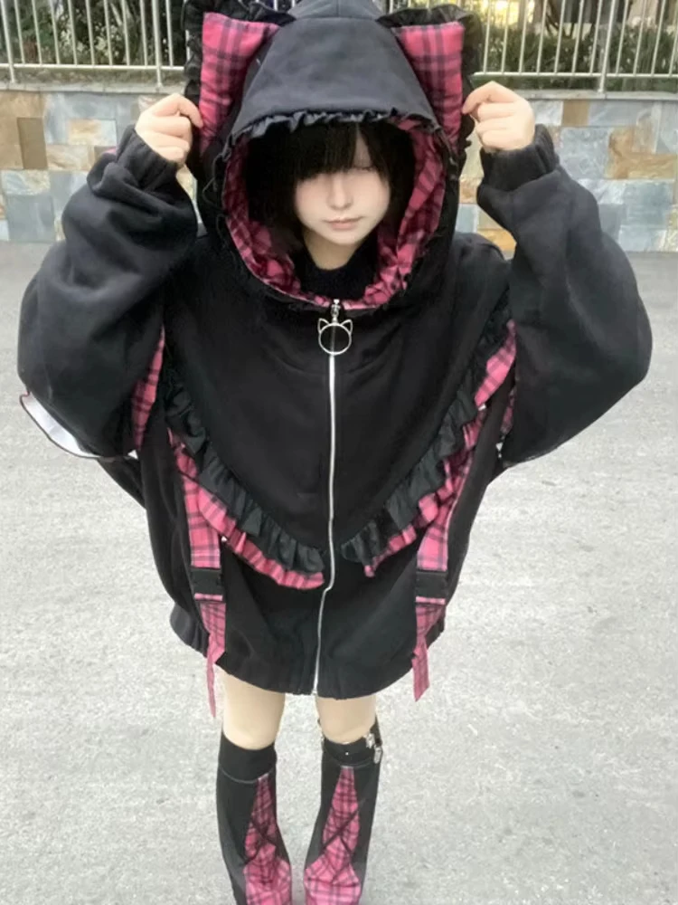 Casacos doces japoneses y2k roupas com capuz feminino topos outono e inverno cor correspondência emenda com grosso veludo cardigan jaquetas
