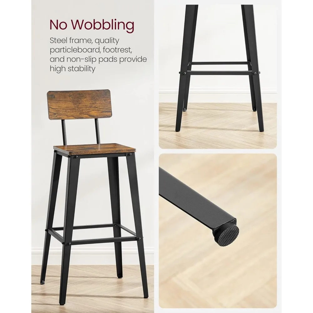 Set of 2 Bar Stools, Bar Height Stools, 29.1 Inches Tall Barstools with Back, Counter Bar Chairs for Kitchen Island Steel Frame