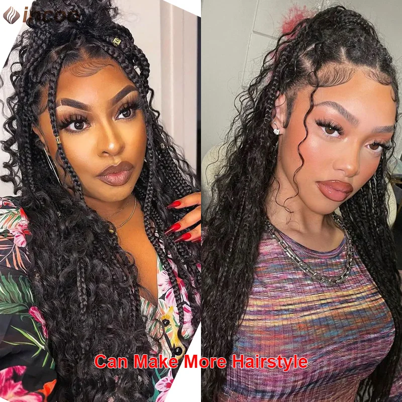 ยาว 32 Bohoถักเต็มลูกไม้ด้านหน้าวิกผมสังเคราะห์สีบลอนด์หยิกเทพธิดาLocs CornrowsวิกผมPre Pluckedผมเด็กกล่องBraidsวิกผม